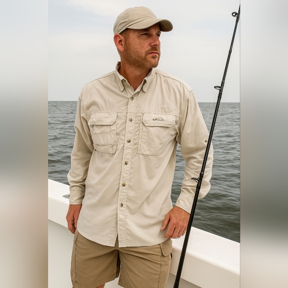 Khaki Outdoor Fishermen Shirt XL Long Sleeve Button Up Coastal Outdoors Sporty - Picture 1 of 10